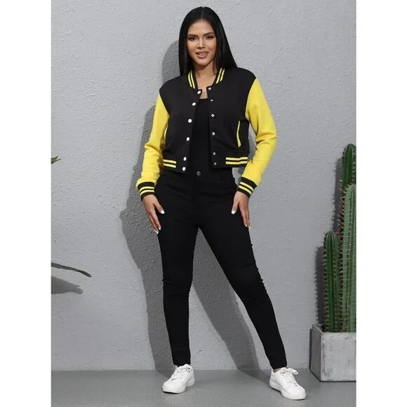 Women's Varsity Long Sleeve Button Down Bomber Jacket Streetwear Black Yellow - Picture 4 of 5